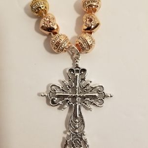 TIBETAN Cross & Rose Gold Charms Necklace